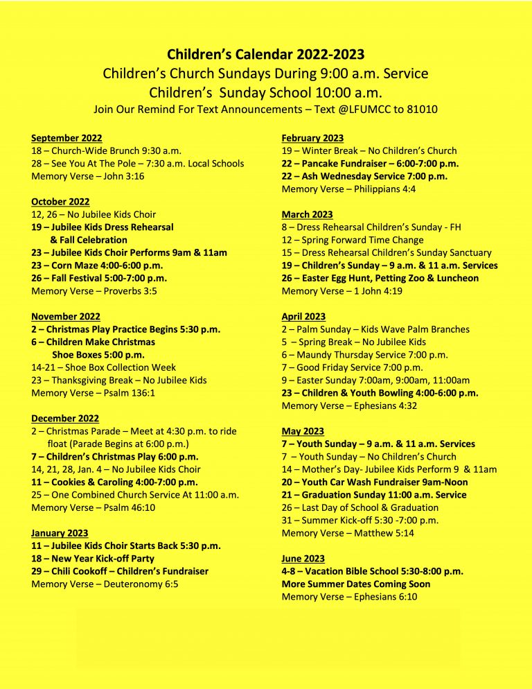 LFUMC Children 2022-2023 Calendar Website